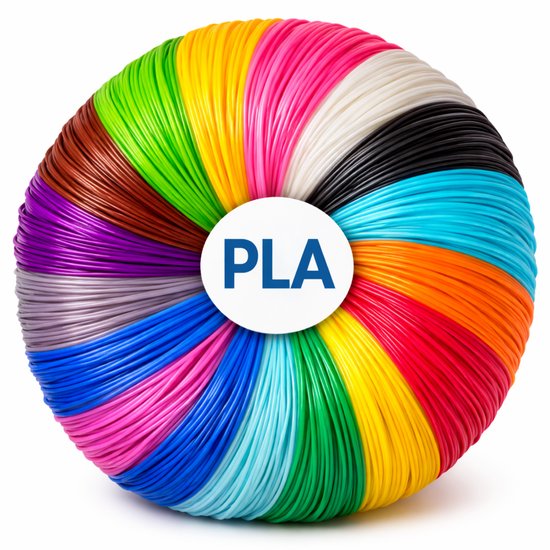 Een cirkelvormige weergave van veelkleurig PLA-filament, met 'PLA' in het midden.