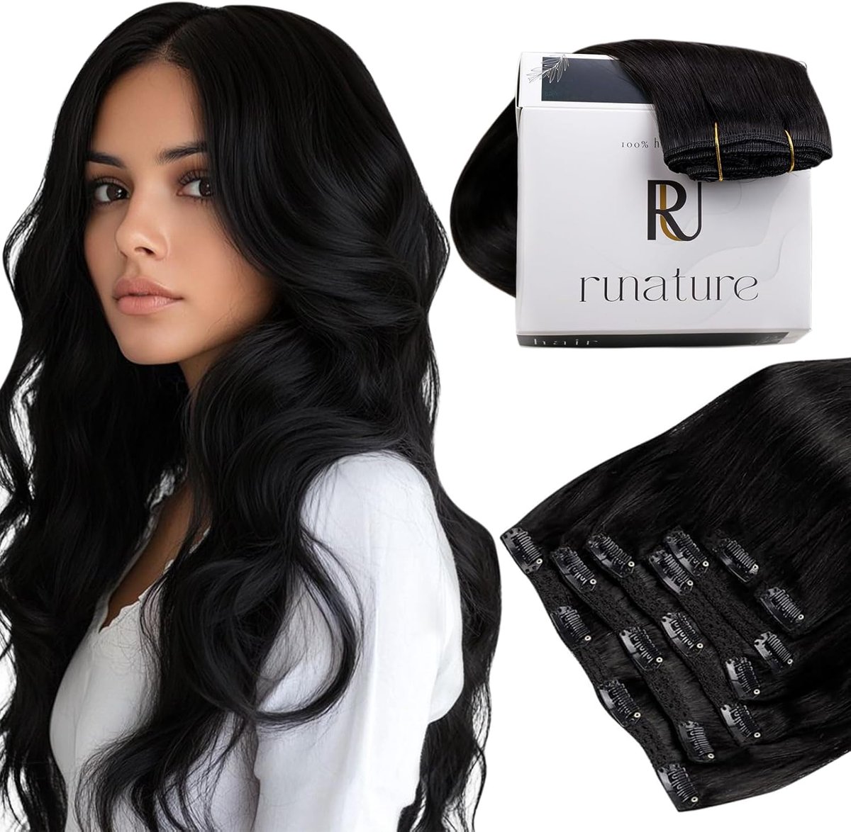 Clip-in Haarverlenging Menselijk Haar Zwart 45 cm Set van 7 Stuks