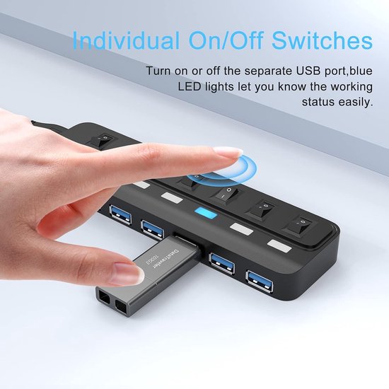 7-Poorts USB 3.0 Hub Splitter met Individuele Aan/Uit Schakelaars en LED Indicatoren van Merkloos — afbeelding 4