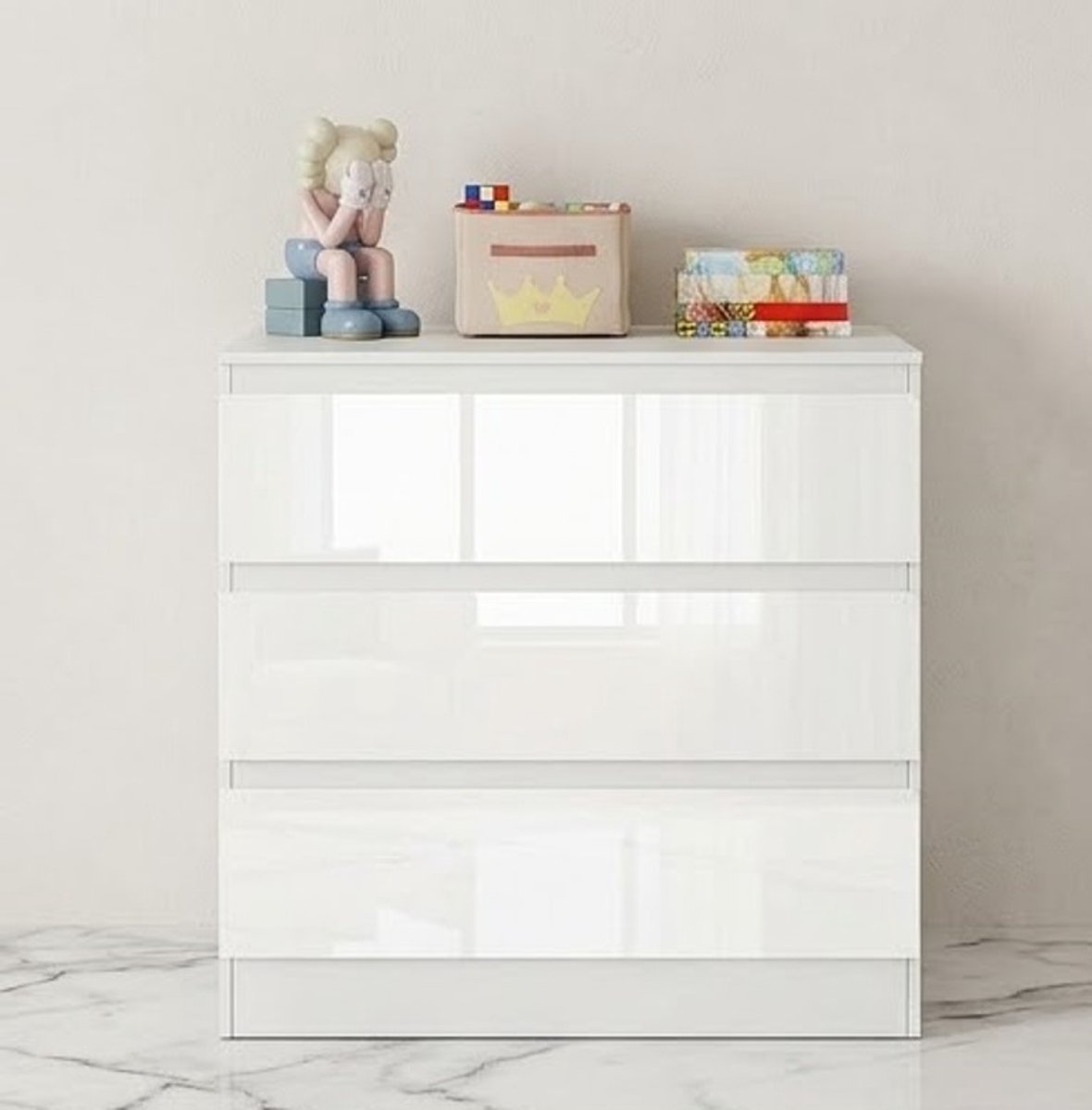 Luxe Hoogglans Witte Commodekast met 3 lades - Premium Multifunctioneel Dressoir voor Woonkamer, Slaapkamer & Kantoor - Ruime Opbergkast 80 x 78 x 48 cm - Duurzaam FSC Hout - Modern Design – Casa D...