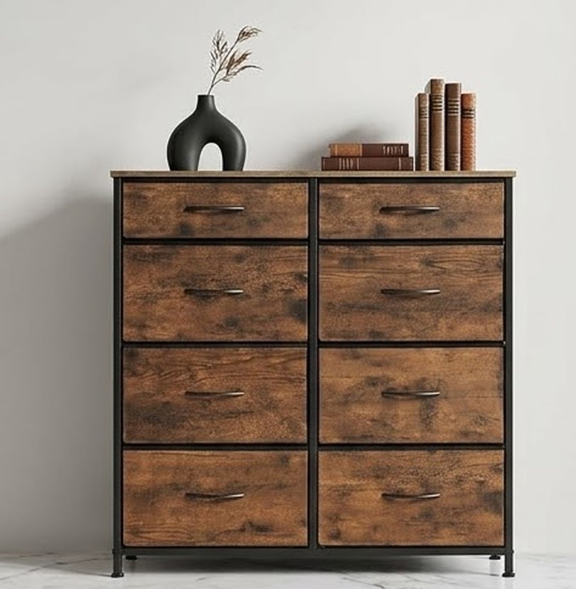 Luxe industriële commode met 8 stoffen laden - kleine commode 86x30x89 cm Vintage Bruin/Zwart met metalen frame en FSC®-hout - voor slaapkamer, woonkamer en bed - Casa Serena – Casa Dorada