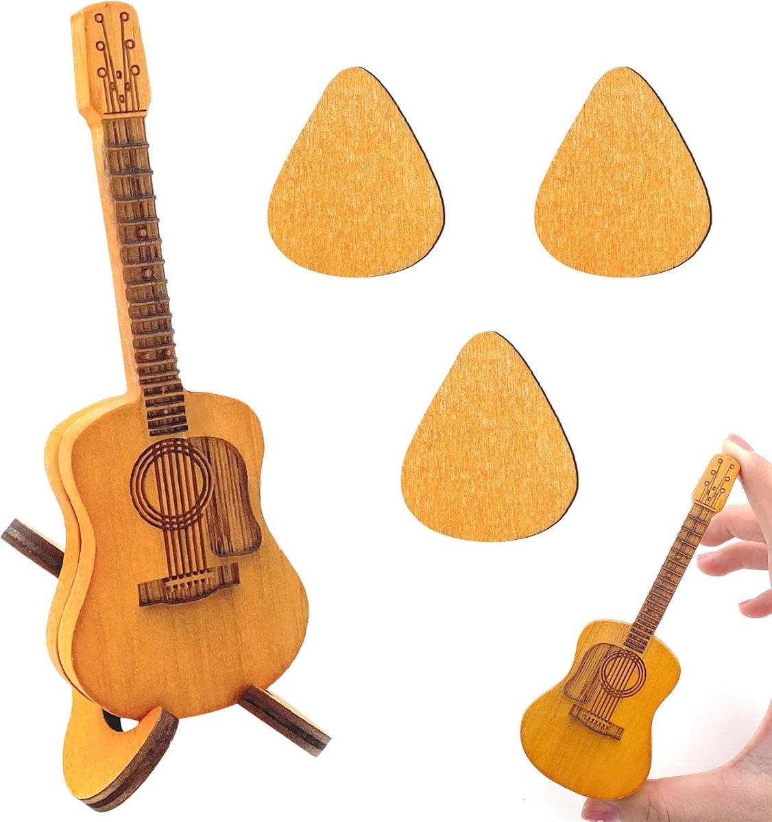 Houten Plectrum Houder met 3 Houten Plectrums - Draagbare Gitaar Accessoire & Decoratie