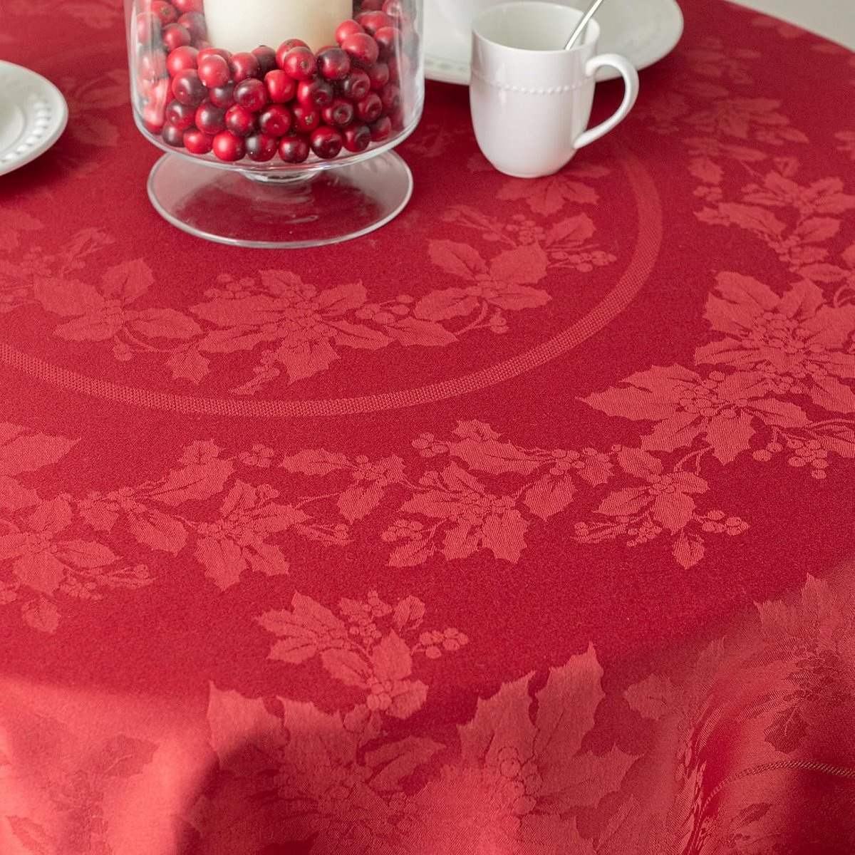 Luxe Zwaargewicht Jacquard Tafelkleed voor Feestdagen en Kerst (Donkerrood, Rond)
