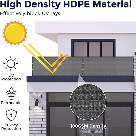 Hoogwaardig HDPE-materiaal dat UV-stralen effectief blokkeert. Grijze privacy- en windscherm met 180GSM dichtheid.