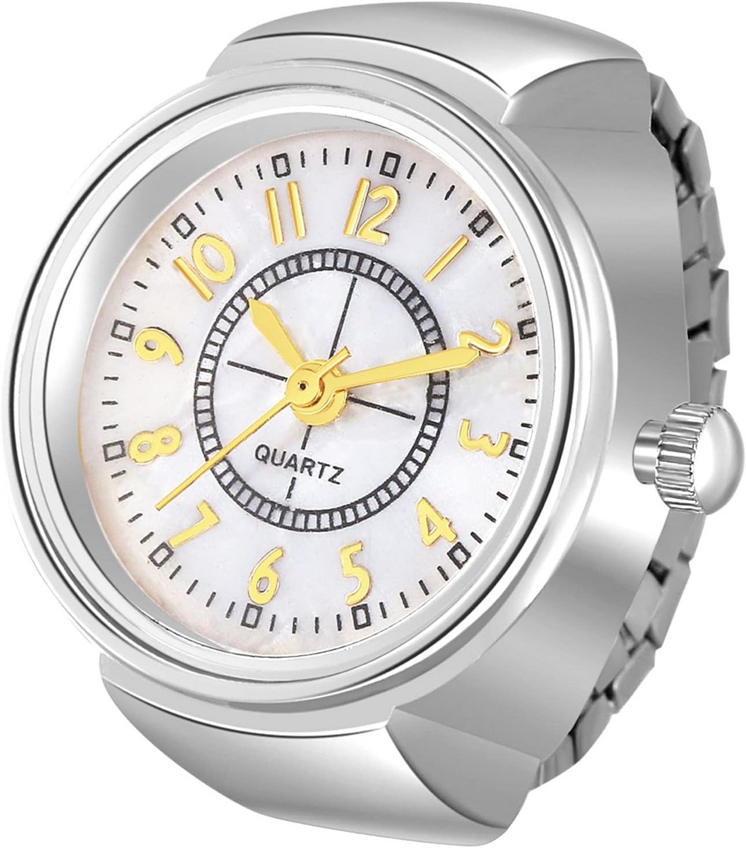 Ringhorloge Analoog - Vingerhorloge Dames - Tijd Aflezen - Elastische Band - Schelpwijzerplaat - Zilver