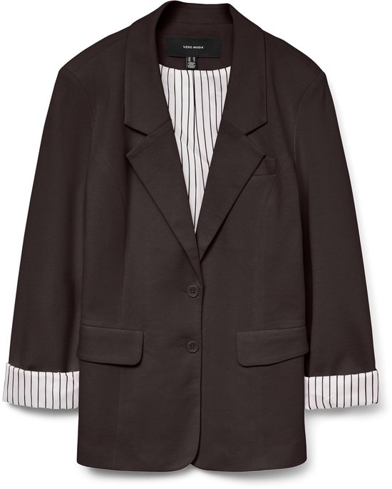 Bruine blazer met gestreepte voering en omgeslagen manchetten.