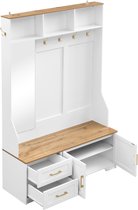 Kledingkast Multifunctionele Schoenkast 120×40×187cm Wit met Houtlook, LED-verlichting, Spiegel, Haken en Lades, Moderne Kapstok met Opbergruimte en Zitvlak voor Hal en Entree