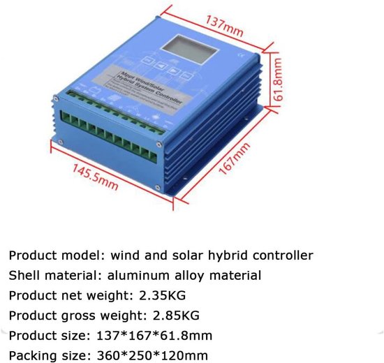 Blauwe hybride zon/wind-controller met afmetingen en specificaties zoals materiaal en gewicht.