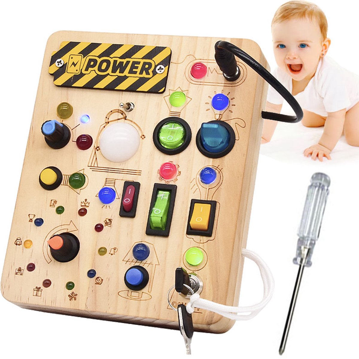 Montessori speelbord, houten activiteitenbord, speelgoed voor de motoriek met schakelaars en ledlampjes, educatief speelgoed voor kinderen van 1-3 jaar, babyspeelgoed en cadeau voor jongens en meisjes