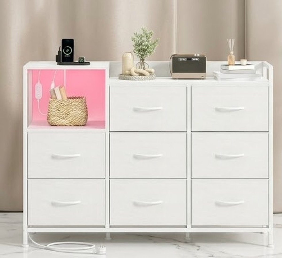 LumiCharge Elite Luxe Commodekast met LED & Stekkerdoos - Opbergkast met 8 stoffen lades, USB & Type-C - Moderne Commode voor Slaapkamer, Woonkamer & Hal - Wit (99 x 29 x 70,5 cm) - Casa Serena – C...