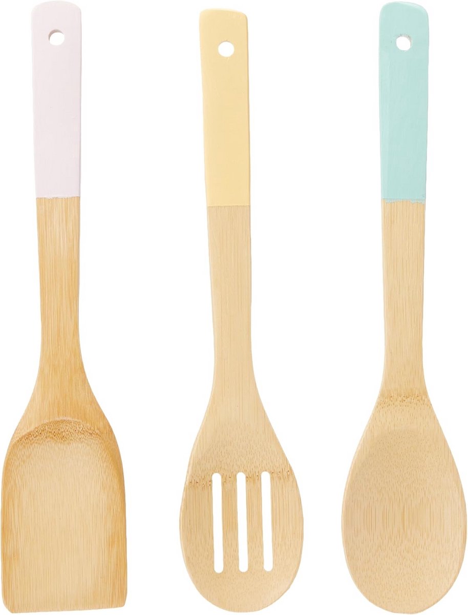 3-delige Keukengerei Set met Pastel Handvatten en Bamboe Onderdelen