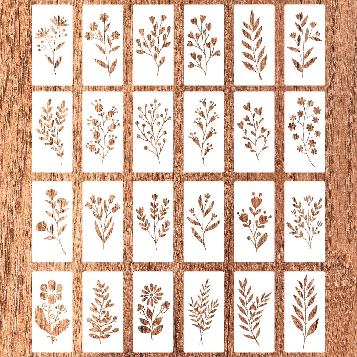 Allecto - Wild Flowers Painting Template - Herbruikbaar Sjabloon - 24 Stuks - Bloemen en Bladeren - Botanische Kunst - Geschikt voor Houten Muren -...