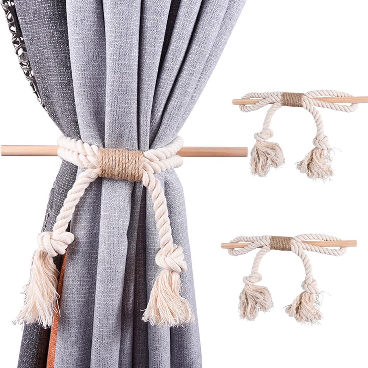 2x Handgeweven Katoenen Gordijn Tiebacks met Houten Stok - Decoratieve Gordijnvastzetters Wit