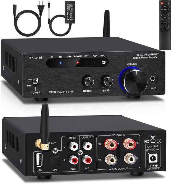 DollaTek HIFI Bluetooth-versterker – TPA3116, 50W X 2, Klasse D, Met AUX, USB En Afstandsbediening – Voor Luidsprekers, DC 9-24V, Incl. Beveiligingen