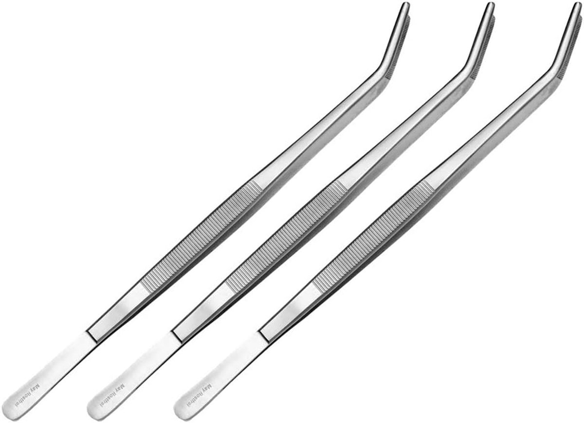 Set van 3 Kookpincetten 25 cm - Gebogen Keukenpincet voor Grillen en Serveren
