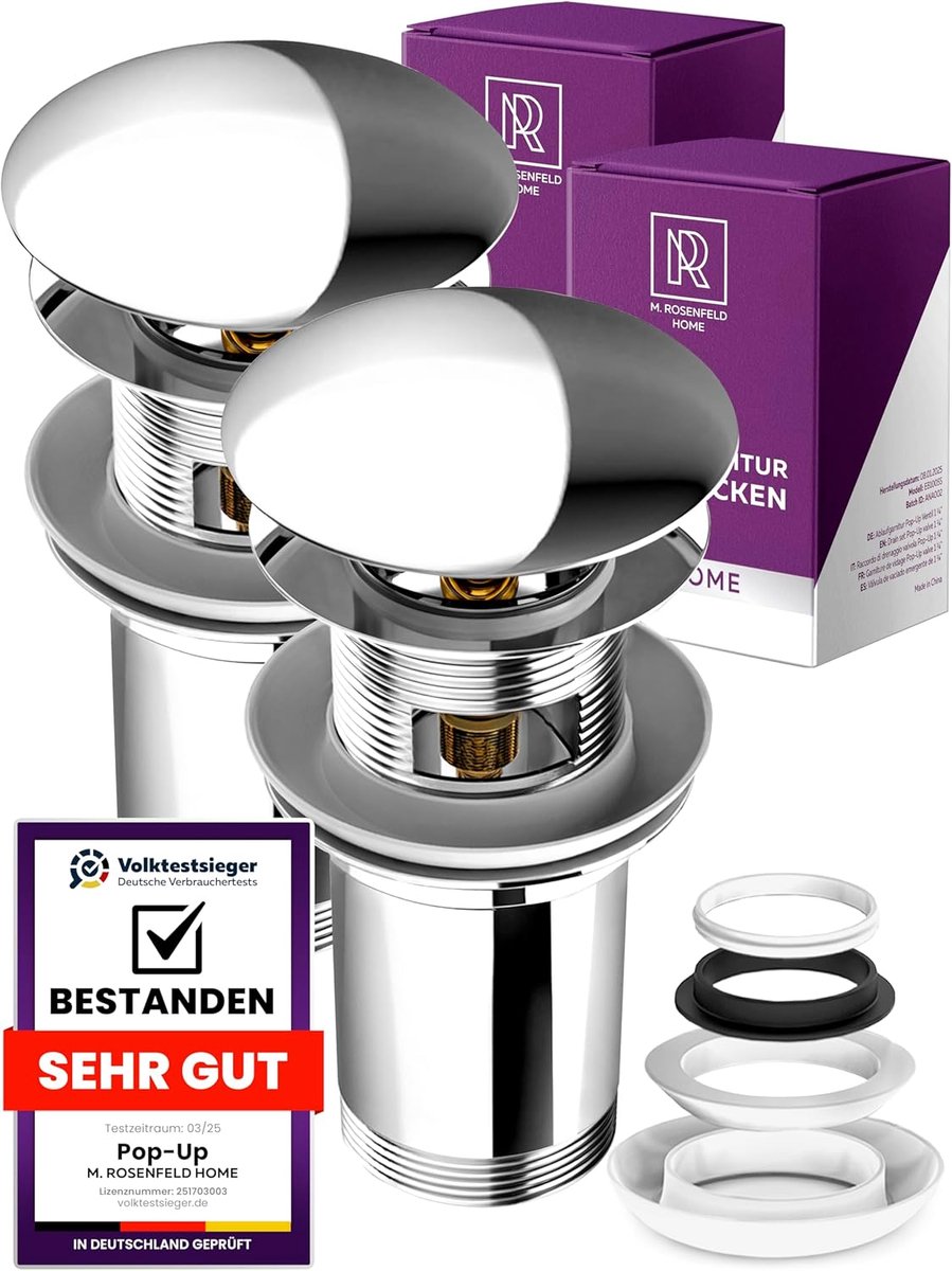 2 Stuks Pop-Up Wastafelklikplugnen met Overloop voor Keukens en Badkamers - Universele Chrome Afvoerplugset