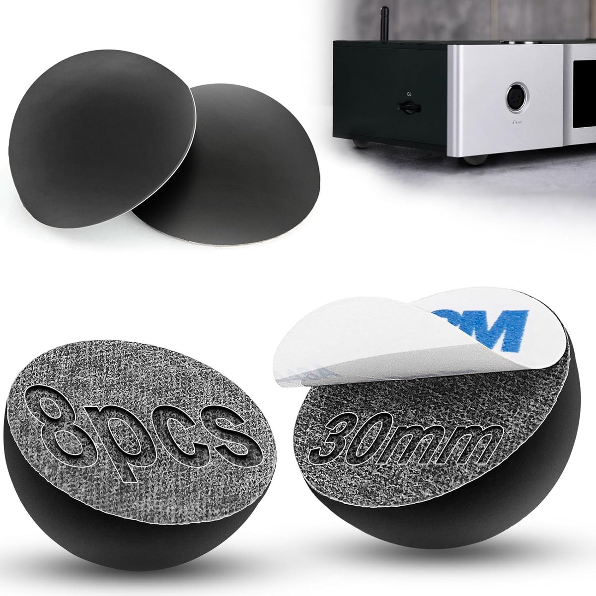 8x Zelfklevende Rubber Voetjes 30mm Zwart voor Luidsprekers, Elektronica & Meubels