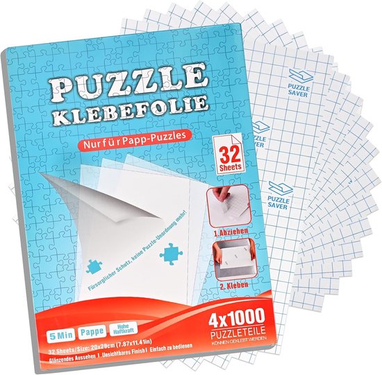 Verpakking van 32 vellen transparante puzzel plakfolie met puzzelafbeeldingen.
