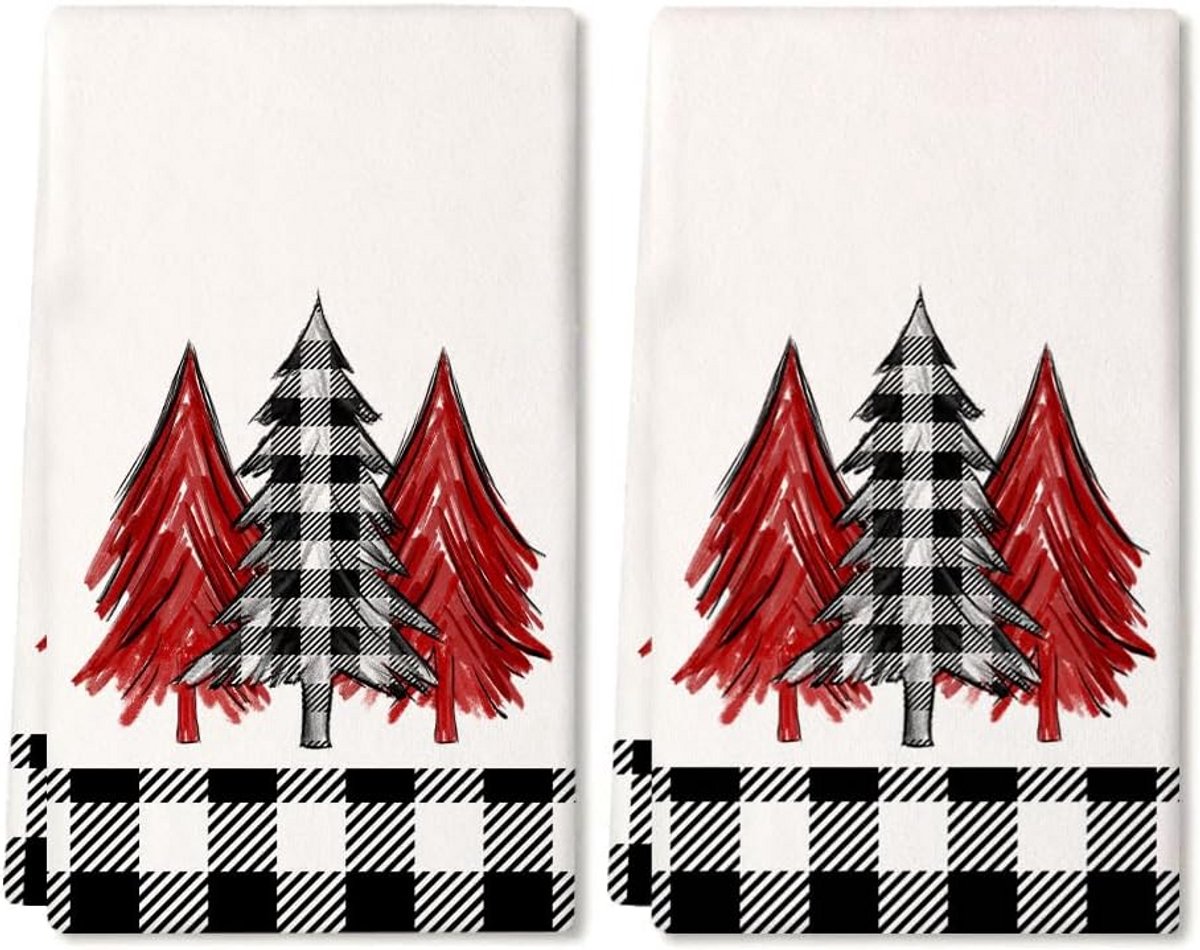 Set van 2 Luxe Kerst Keukenhanddoeken met Zwart Ruitpatroon en Kerstboom Thema