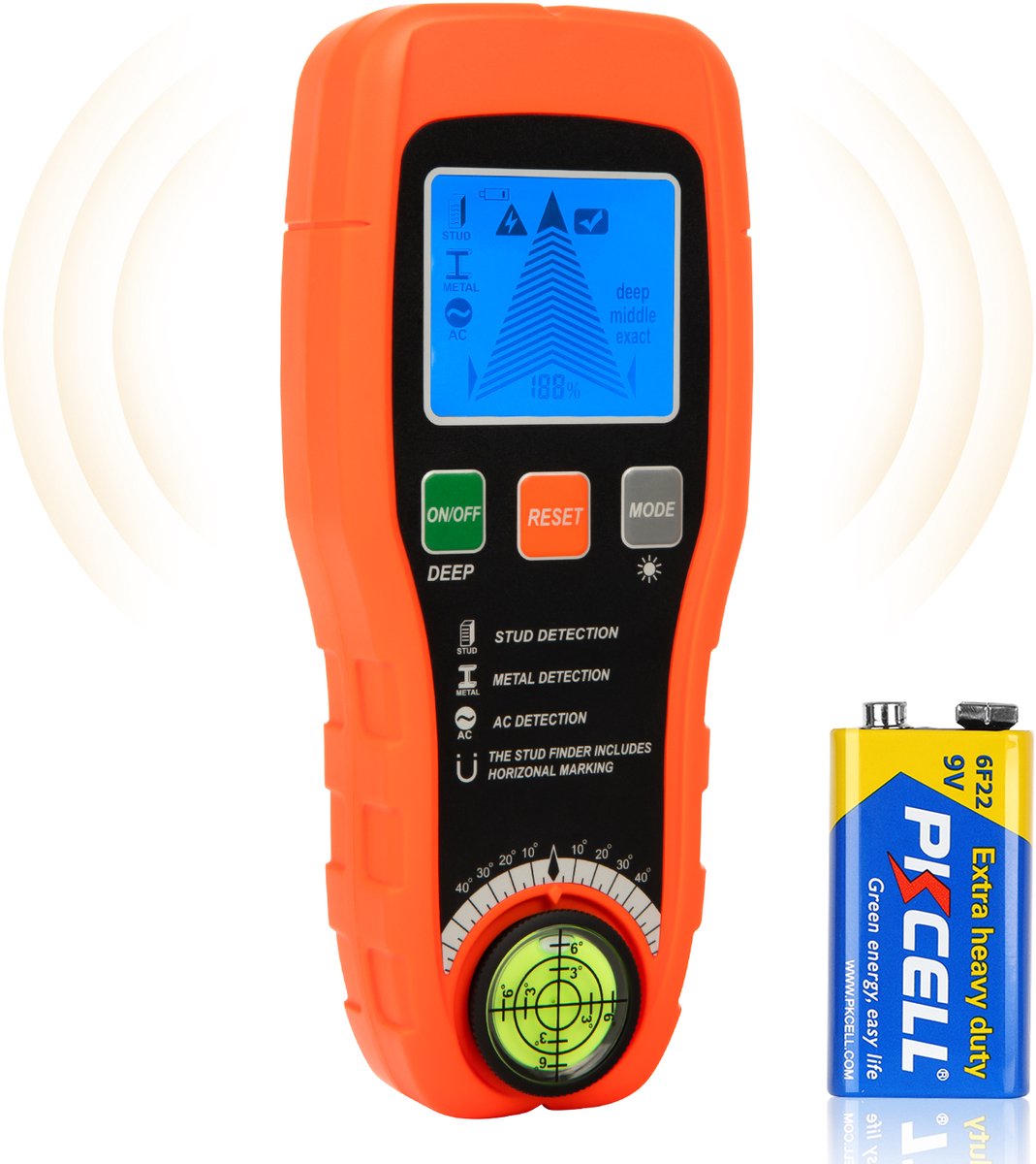 Digitale Leidingzoeker 7-in-1 - Professionele Stud Finder - LCD-Display - Inclusief Waterpas & Dieptemeting - Oranje