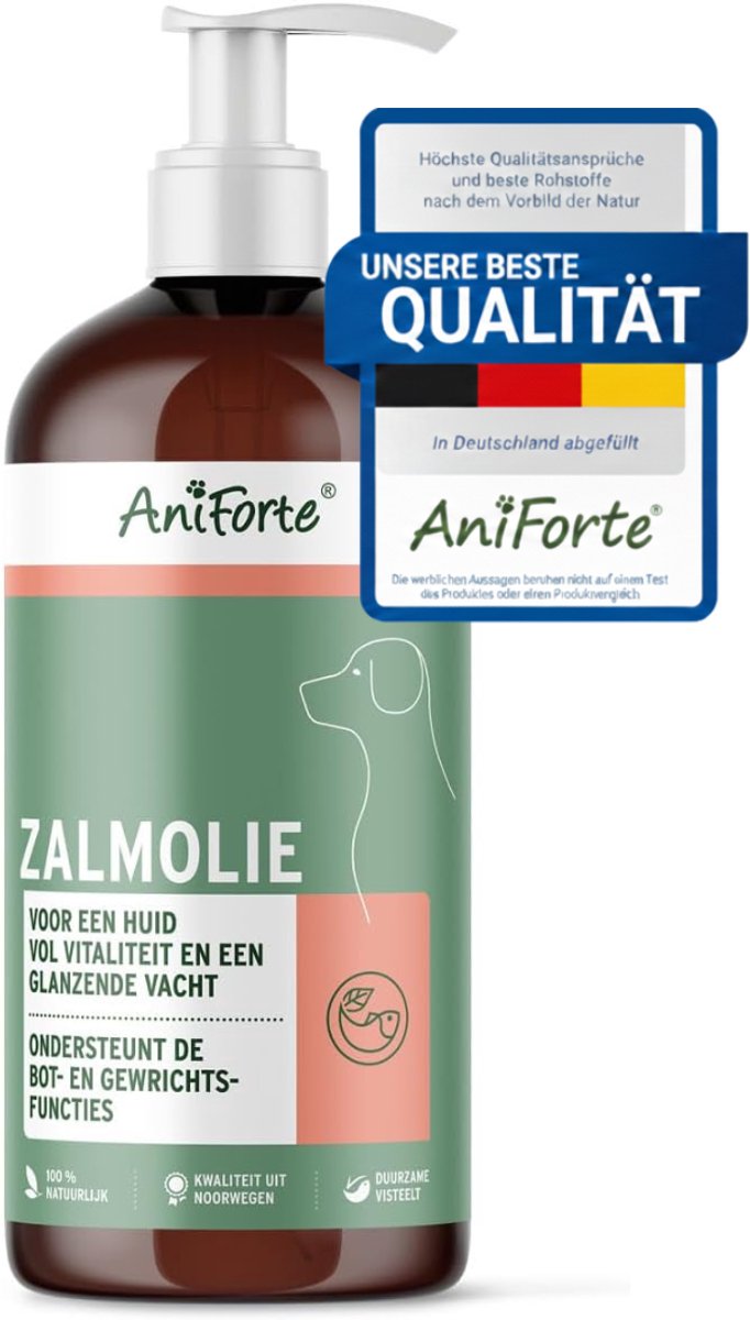 AniForte Zalmolie voor Honden 1 Liter – Hooggedoseerde Visolie met Omega 3 & 6, 100% Pure Voedingskwaliteit, Zonder Additieven, Vers Gebotteld in Duitsland