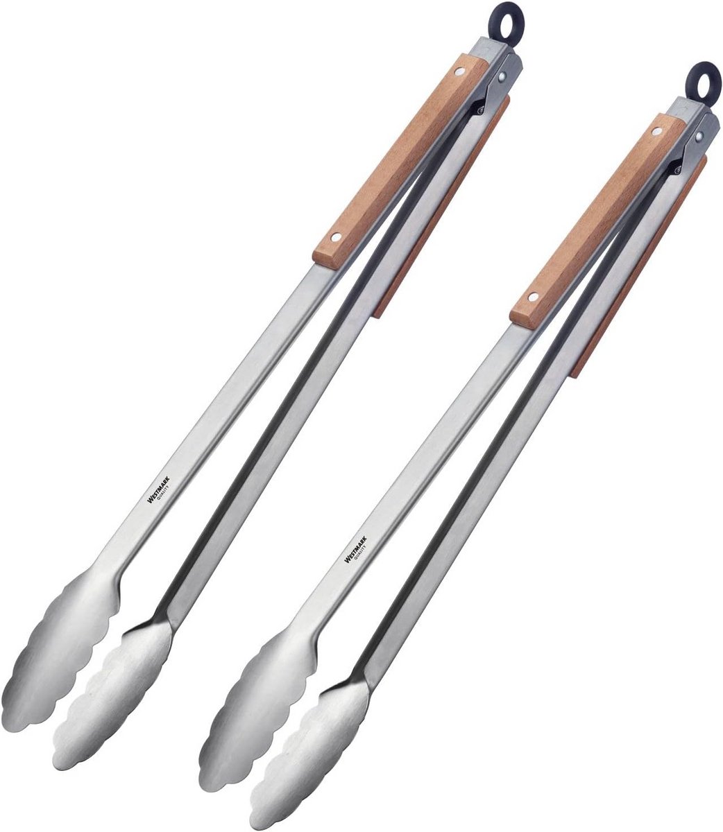 Set van 2 Lange Barbecue Tangen van RVS met Houten Handvatten 44 cm