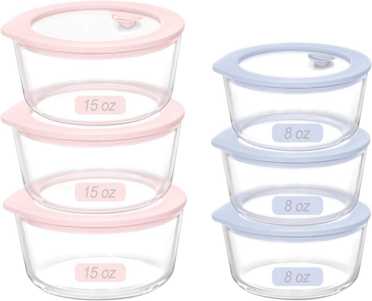 Set van 6 glazen opbergdozen met deksels in Blauw en Roze