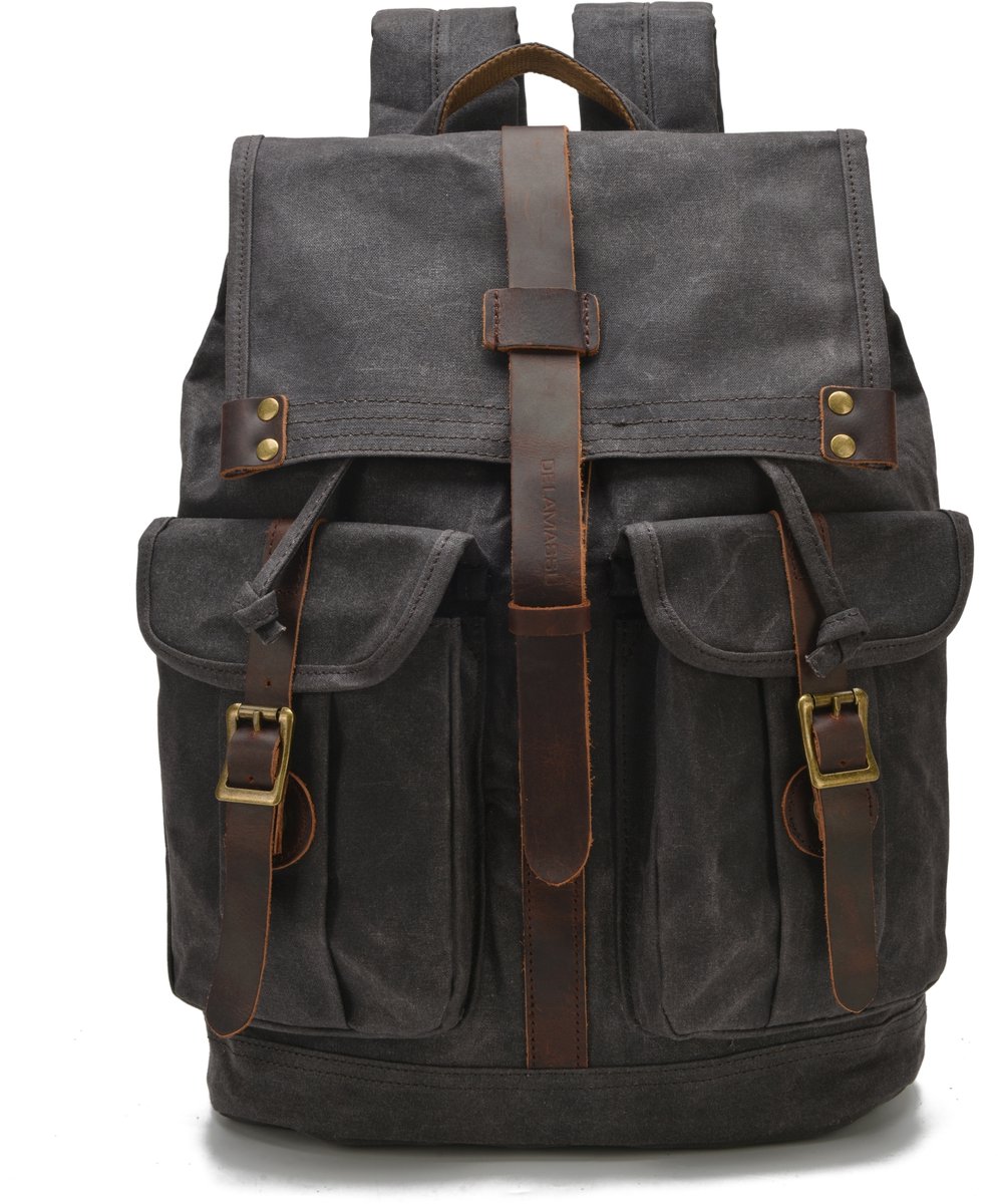 DE LAMASSU® Canvas Rugzak 16 inch Laptop – 24L – Vintage Backpack – Waterafstotend – Echt Leer Details – 35x16x43 cm – 1,1 kg