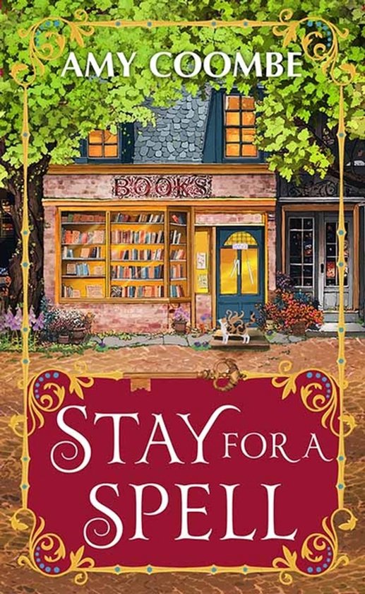 Boekkaft met de titel 'Stay for a Spell' van Amy Coombe. Een tekening van een charmante boekwinkel met een etalage vol boeken.