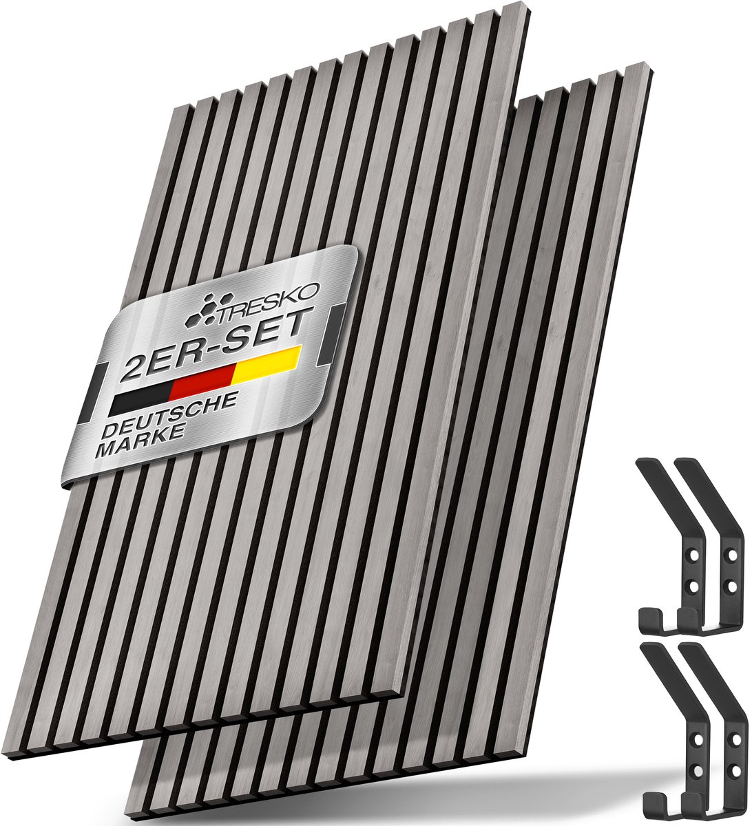TRESKO Akoestische panelen, hout, 120 x 60 cm, incl. 4 x kledinghaken, wandbekleding eiken grijs als 3D-lamellenwand, houten panelen voor geluidsisolatie, akoestische wandpanelen, inclusief montageset