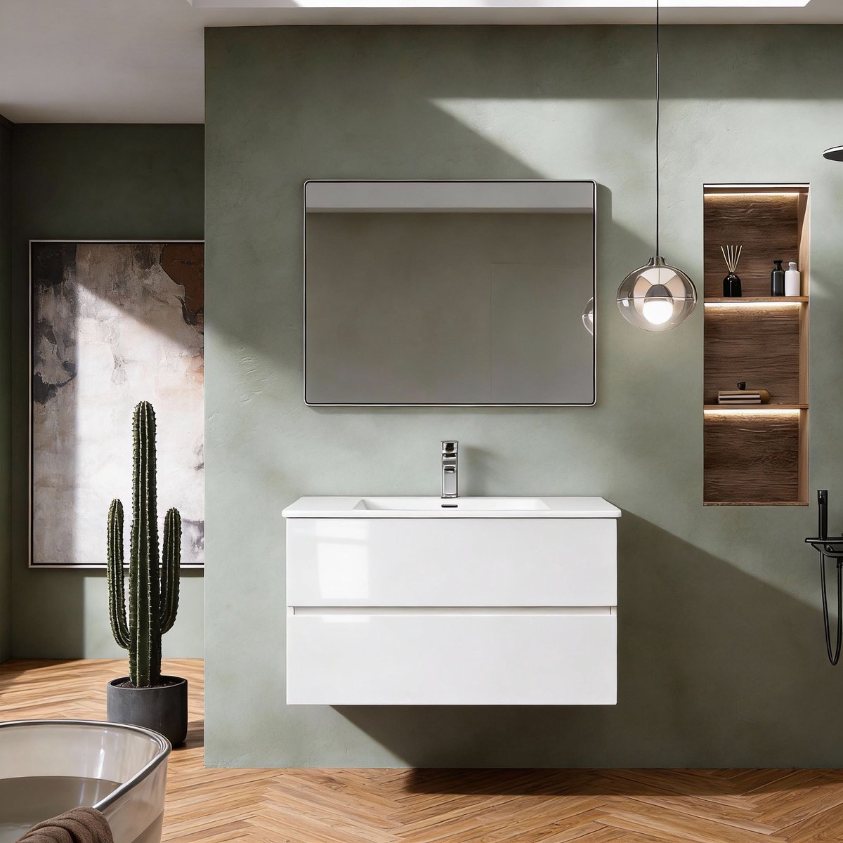 Badkamermeubel 80 cm Glans Wit met LED Spiegel, Onderkast & Lavabo – Modern & Luxe Design