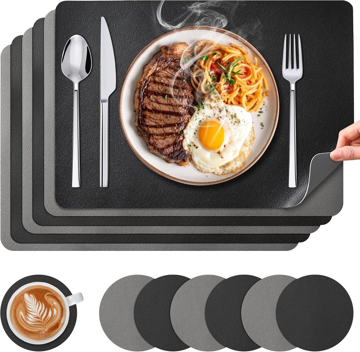 Set van 6 Rechthoekige Placemats Dubbelzijdig Lederlook Antislip Afwasbaar
