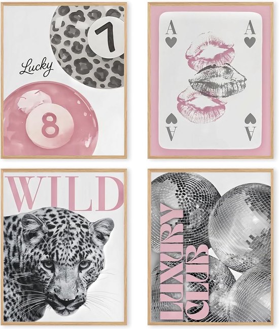 Set van 4 Canvas Prints met Luipaard Patroon - Roze en Trendy Wanddecoratie