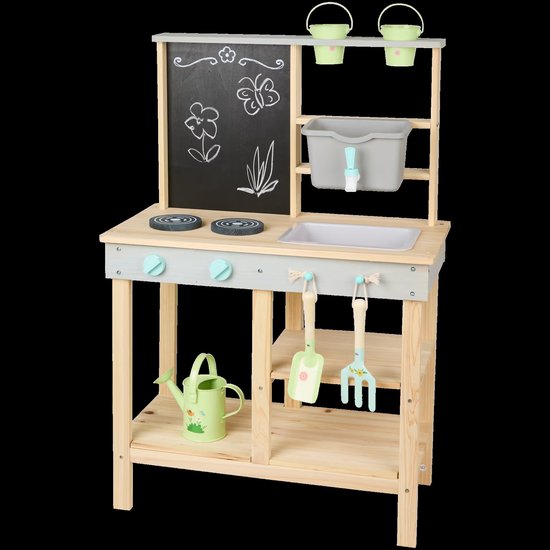 Teneytoyz Kinderkeukenaccessoires hout, 27 stuks speelkeukenaccessoires, houten speelgoed inclusief pannenset, keukenspeelgoed en fruit om te snijden