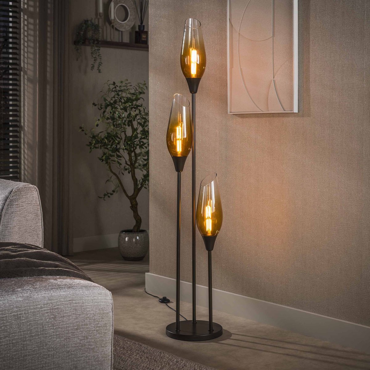 PS-Collection Vloerlamp Cocoon 3-L - Bruin/Transparant Glas - Metaal - vloerlampen woonkamer, vloerlamp zwart, vloerlamp industrieel, vloer lamp, vloerlampen landelijk, staande lampen woonkamer, staande lampen, staande lamp industrieel