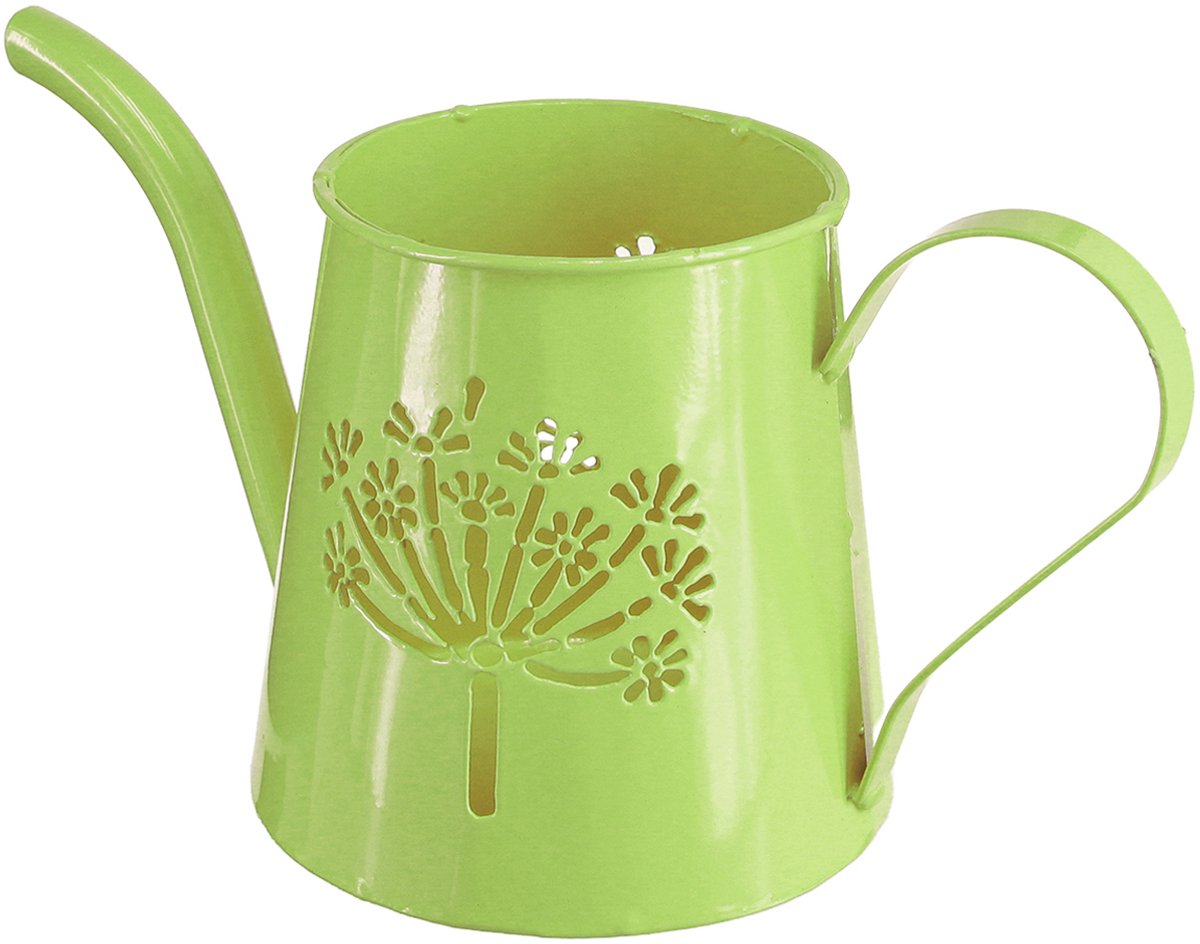 Decoratieve metalen gieter, met paardenbloemmotief, groen, 12 cm hoog,