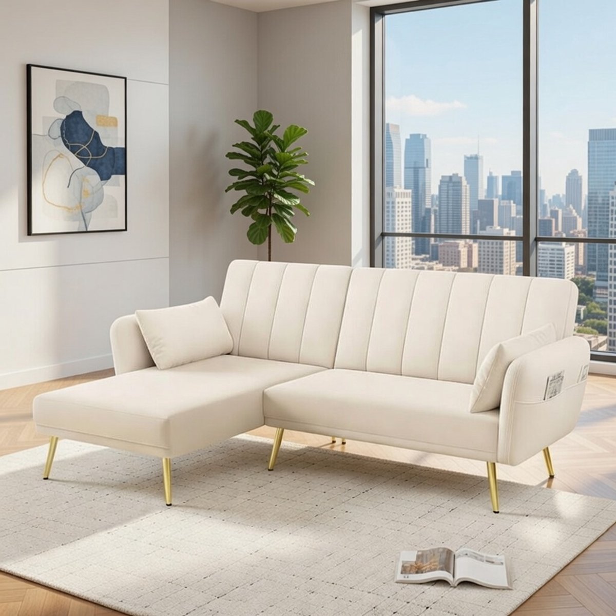 Luxe Hoekbank met Slaapfunctie en Opbergruimte – Beige Fluwelen L-Vormige SlaapbankCasa Serena – Afmetingen op aanvraag – Casa Dorada