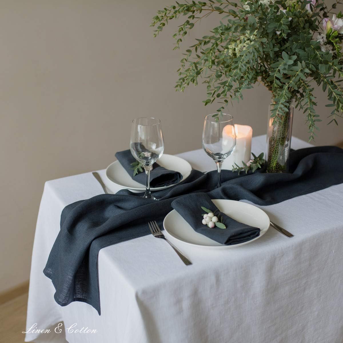 Linnentafelloper Rechthoekig 40x220 cm Zwart Wasbaar voor Eettafel en Salontafel