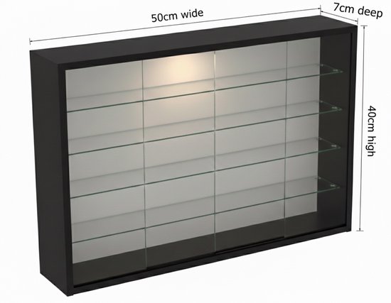 Zwarte vitrinekast van 50x40x7cm met glazen planken en schuifdeuren, verlicht aan de bovenkant.