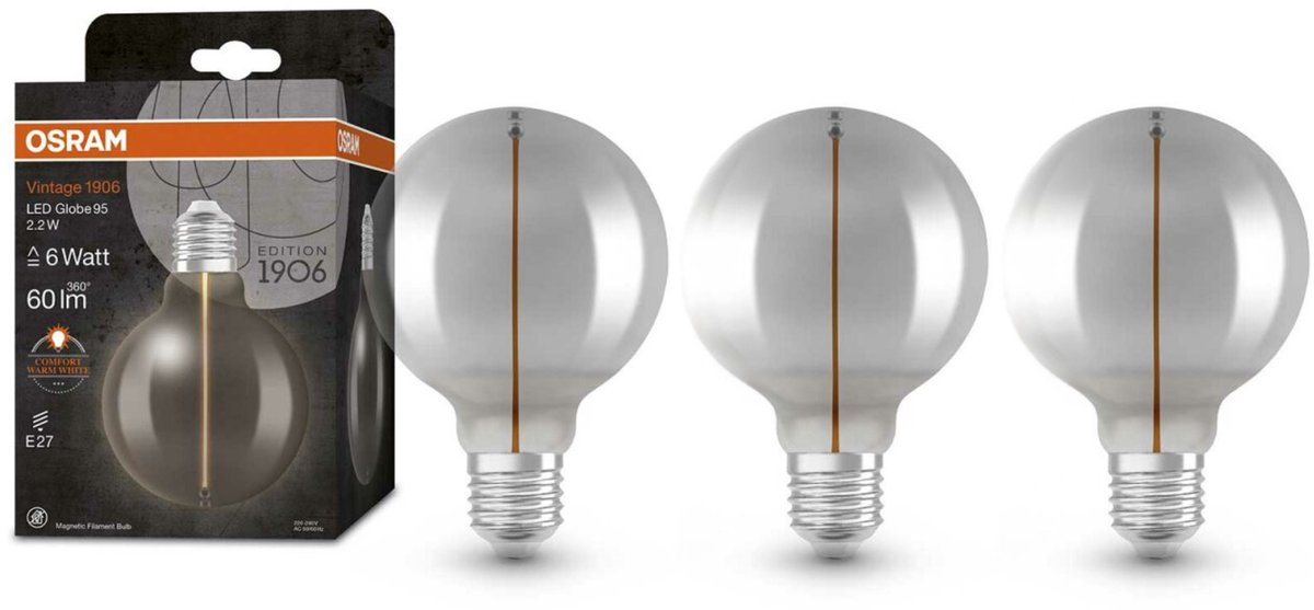 3x Osram Vintage 1906 LED Lamp – E27 – Globe G95 – Rookglas – 2.2W (6W) – 1800K Extra Warm