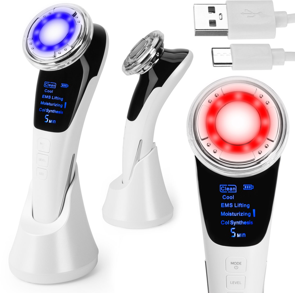 COIL EMS Gezichtsmassage Apparaat met LED Lichttherapie – 5 Modi (Clean, Cool, EMS Lifting, Moisturizing, Collageen) – Oplaadbaar – Anti-Aging Huidversteviging - Wit