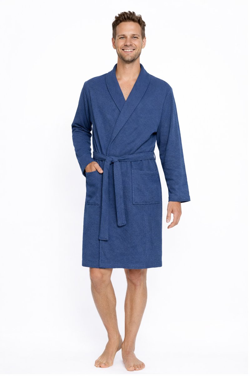 Heren Wafel Badjas met Sjaalkraag – Sauna Ochtendjas - blauw - maat L