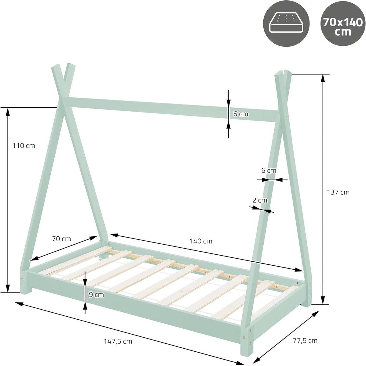 Tipi Kinderbed 70x140 cm – Casa Velluto MintyDream™ – Mintgroen – Massief Grenenhout – Inclusief Lattenbodem – Huisbed & Speelbed voor Jongens en Meisjes 2-6 Jaar