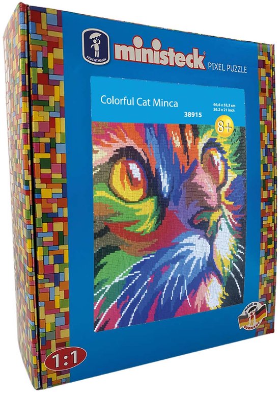 Ministeck Pixel Puzzle van een kleurrijke kat genaamd Minca. De puzzel is 66,6 x 53,3 cm en geschikt voor 8+.