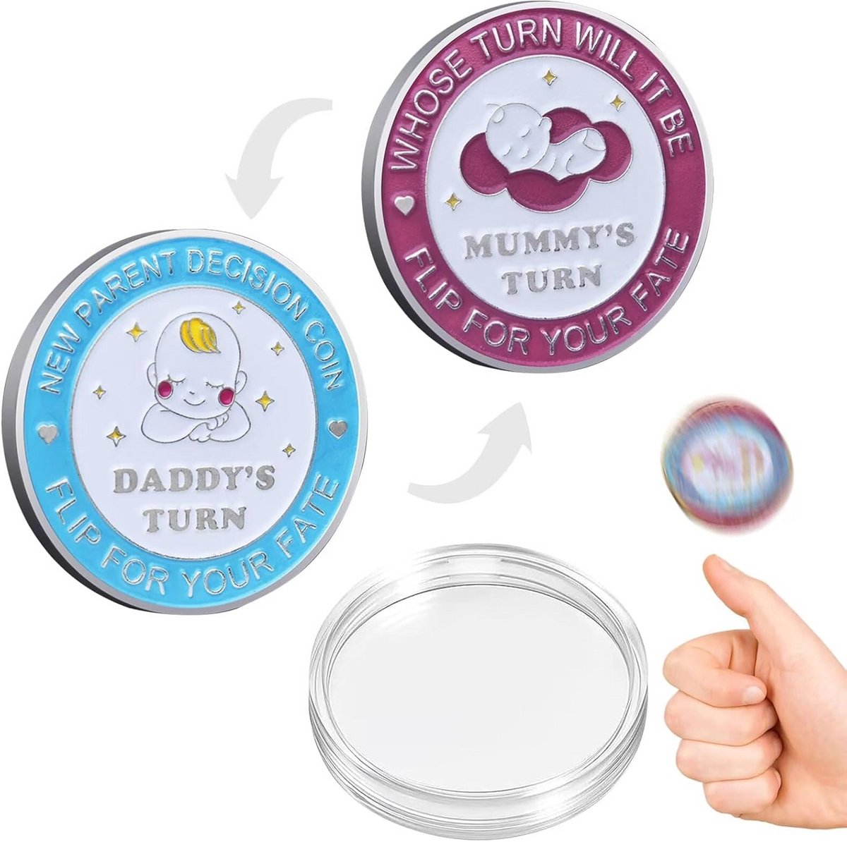 Beslissingsmunt Baby - Nieuwe Ouders Munt - Baby Beslissingen Maken - Dubbelzijdig Papa Mama - 4 cm Diameter - Blauw Paars