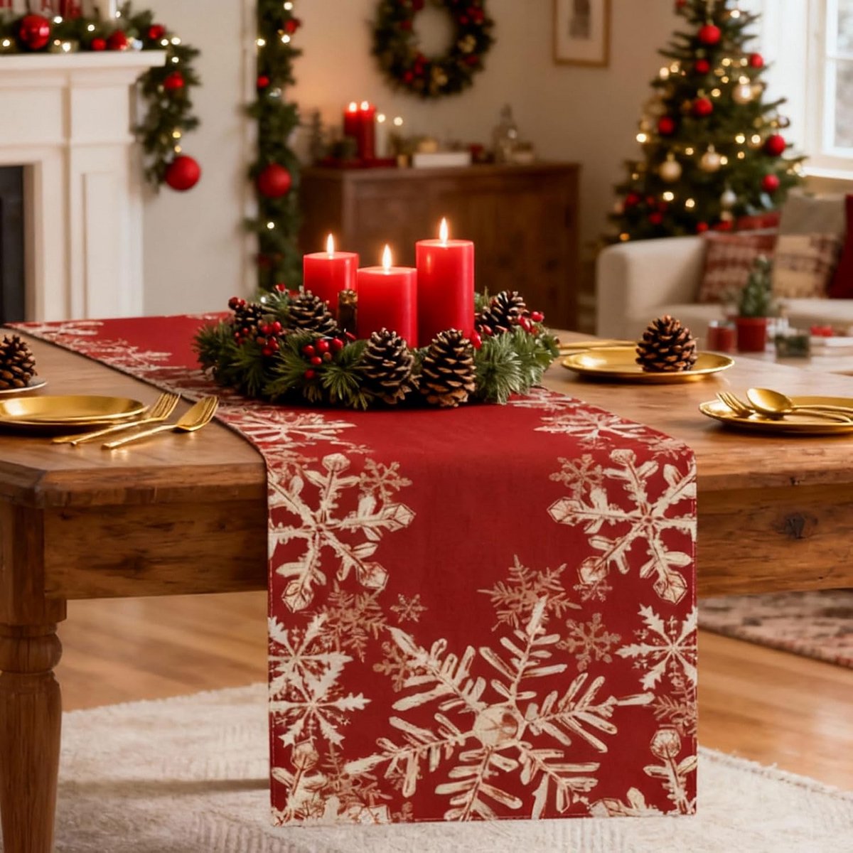 Tafel Runner Kerst Rood Sneeuwvlokken voor Winter en Binnendecoratie 13x72 Inch