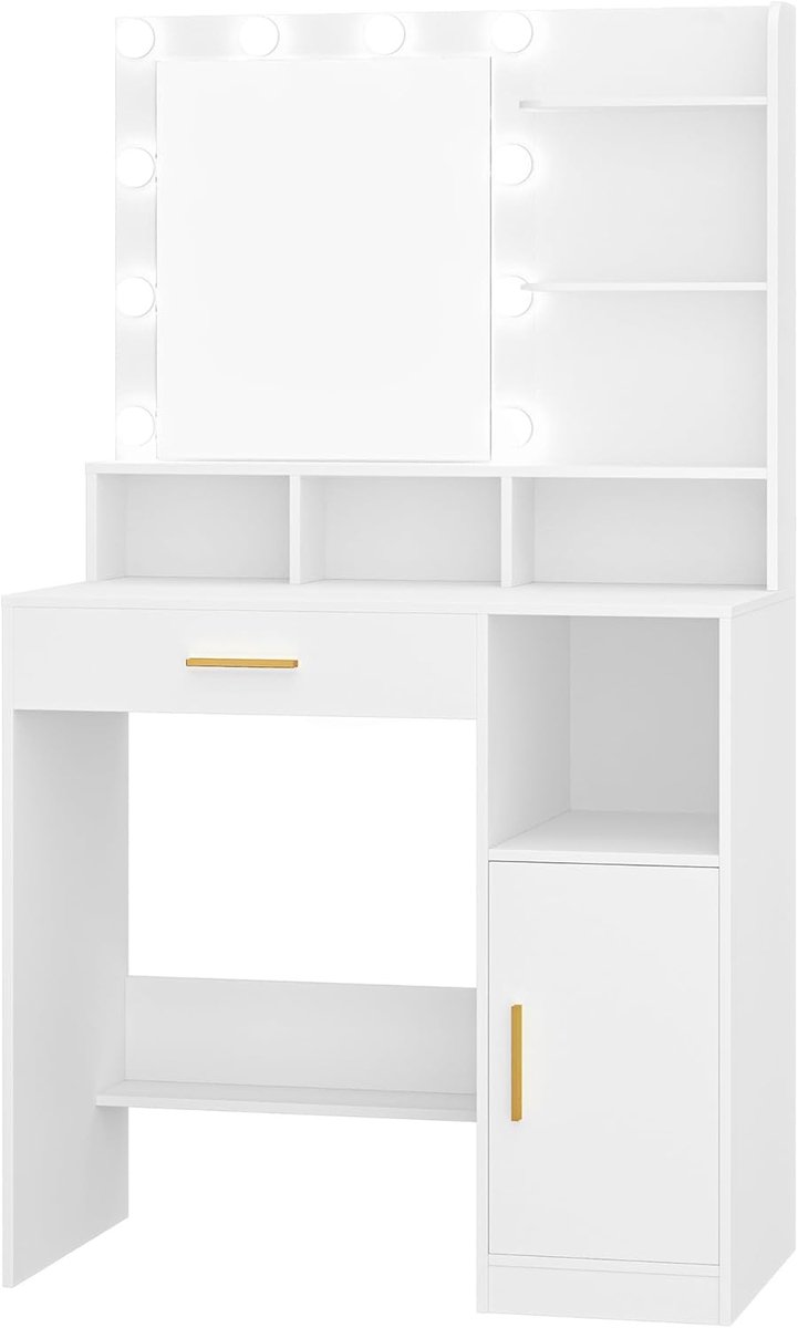 Kaptafel met Spiegel en 10 Led Verlichting, met 3 Planken & 4 Open Compartimenten