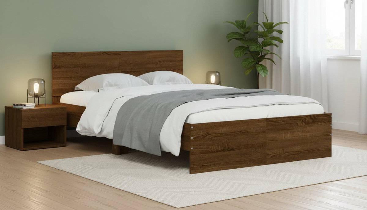 Bedframe 120x200 cm met Hoofdbord en Lattenbodem – Twijfelaar Bed in Bruin Eikenkleur – Modern Houten Tweepersoonsbed – Casa Velluto Oakline Comfort Bed