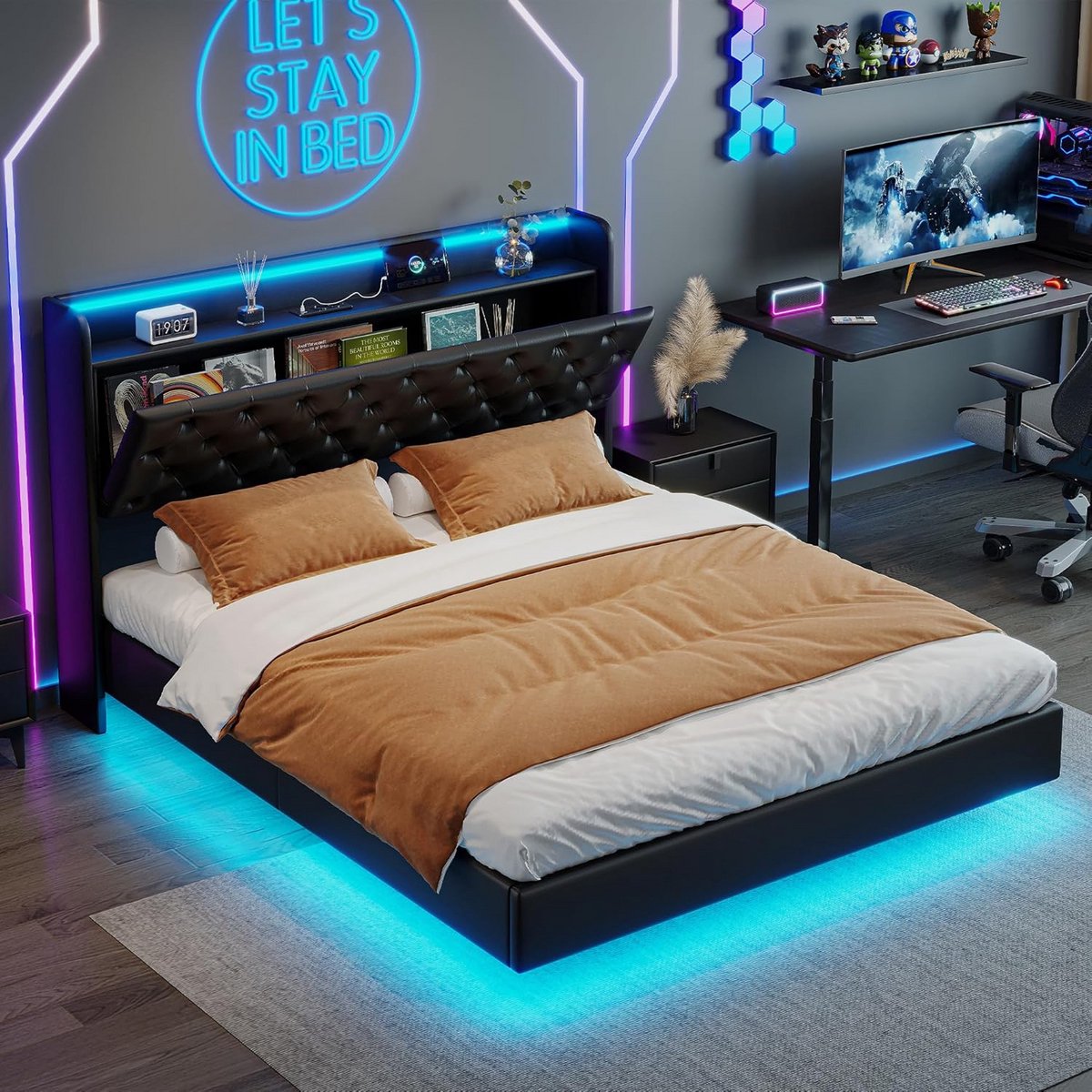 Tweepersoonsbed met Opbergruimte en LED-verlichting 140x200 cm Zwart PU