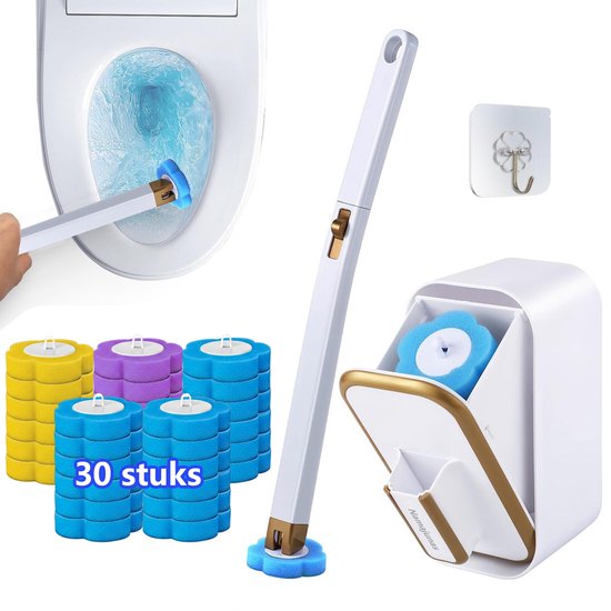 Brosse de toilette blanche avec support, 30 recharges bleues, violettes et jaunes. Montrée avec des toilettes. Texte '30 stuks'.